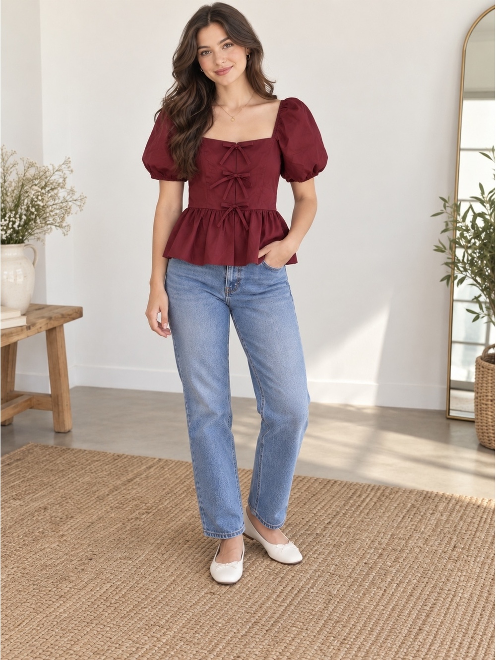 Francesca's Burgundy Puff Sleeve Peplum Top Size Small